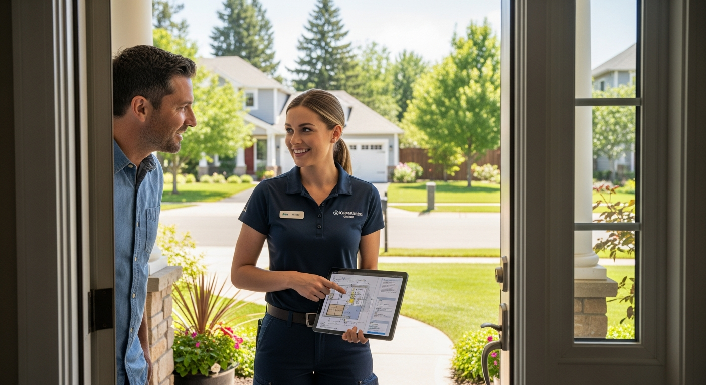 Field tech presenting an estimate at a homeowner's door — the moment a search-intent lead converts
